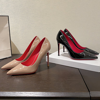 Red bottom high heels women's stiletto sexy black bed pointed toe high-heeled patent leather size French single shoes women