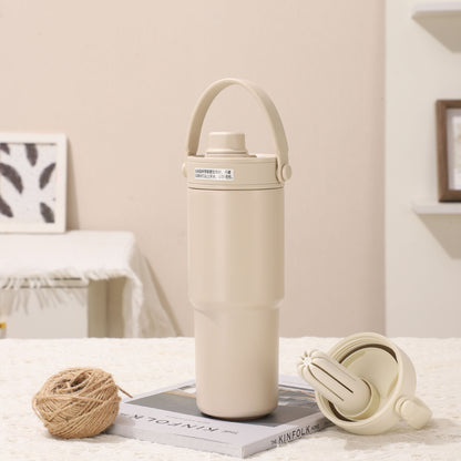 stainless steel thermos mug simple double drink straw cup ceramic liner large capacity portable car cup
