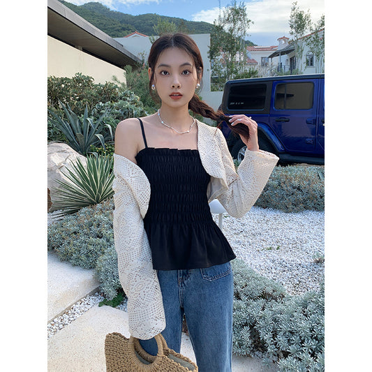 Aixili spring new lace long-sleeved shawl with small straps and ruffles two-piece suit female