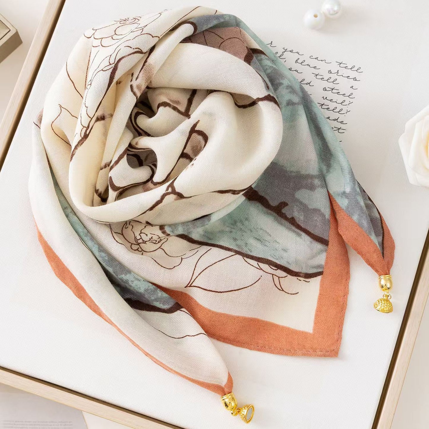 warm square scarf, magnetic buckle, triangle silk scarf, cotton scarf, women's spring, autumn and winter, style scarf, temperament and versatile