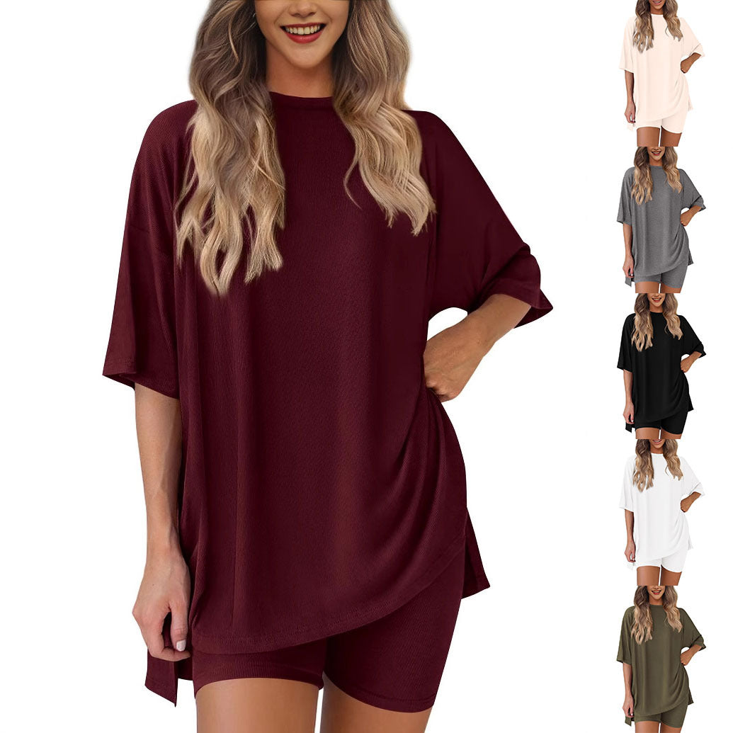 spring/summer European and American new loose fashion solid color casual short-sleeved shorts two-piece set