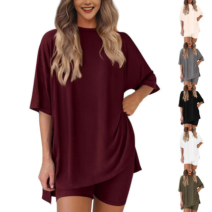 spring/summer European and American new loose fashion solid color casual short-sleeved shorts two-piece set