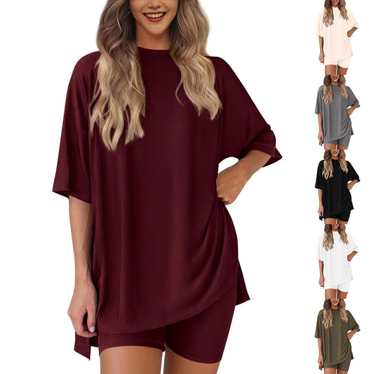 spring/summer European and American new loose fashion solid color casual short-sleeved shorts two-piece set