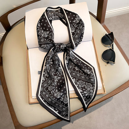 Long silk scarf, women's high-end small square scarf, spring and autumn black neck brace neck with shirt streamer and silk tie