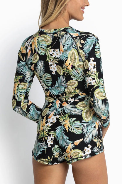European & American Printed Surf Suit – Long Sleeve One-Piece Swimsuit with Boxer Bottoms, Women's UV Sunscreen Beachwear