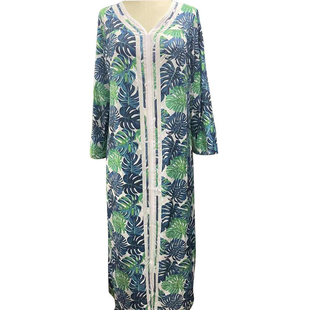 autumn and winter hot style European and American women's nightdress woven four-sided bomb printing long-sleeved long home wear dress