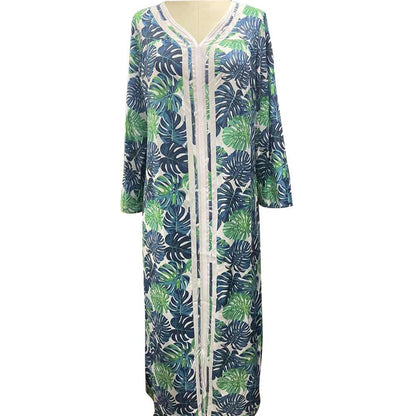 autumn and winter hot style European and American women's nightdress woven four-sided bomb printing long-sleeved long home wear dress