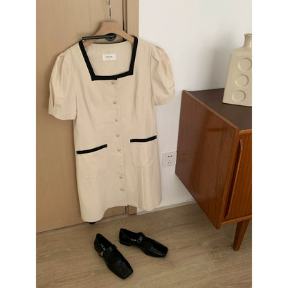 Black and white small fragrance retro square collar design slim waist cotton short dress