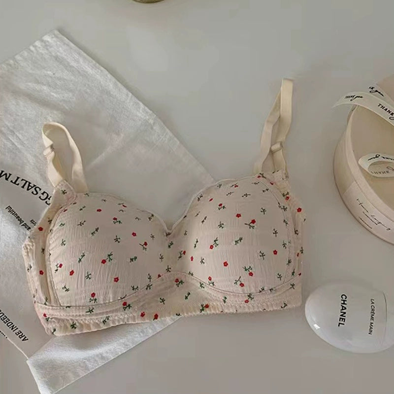 Japanese floral underwear girls high school students pure desire no steel ring small chest gathered summer thin bra bra