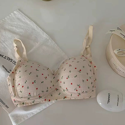 Japanese floral underwear girls high school students pure desire no steel ring small chest gathered summer thin bra bra