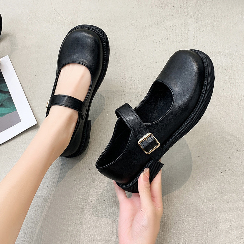 Black basic small leather shoes women's summer new Japanese students with skirts all-match round toe chunky heel patent leather single shoes trendy