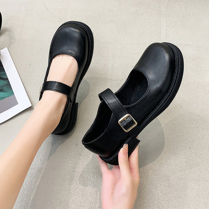 Black basic small leather shoes women's summer new Japanese students with skirts all-match round toe chunky heel patent leather single shoes trendy