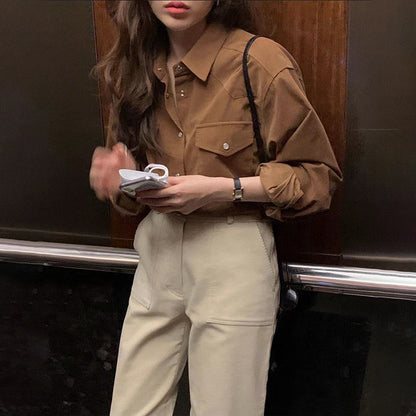 new Korean Dongdaemun retro simple niche all-match retro commuter solid color high-end shirt