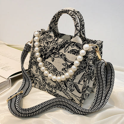 Japanese tote bag women's new niche embroidery cotton linen handbag large capacity commuting canvas shoulder bag