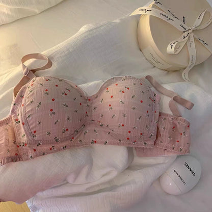 Japanese floral underwear girls high school students pure desire no steel ring small chest gathered summer thin bra bra