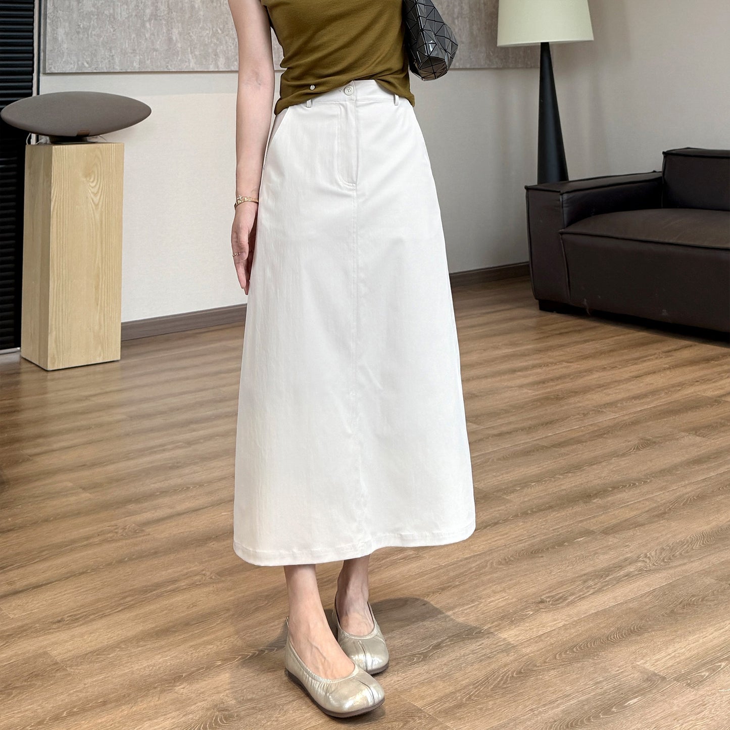 Spring is not too late [anti-wrinkle] lightweight super cotton single-button long skirt simple temperament A-line skirt covers the flesh and straight skirt