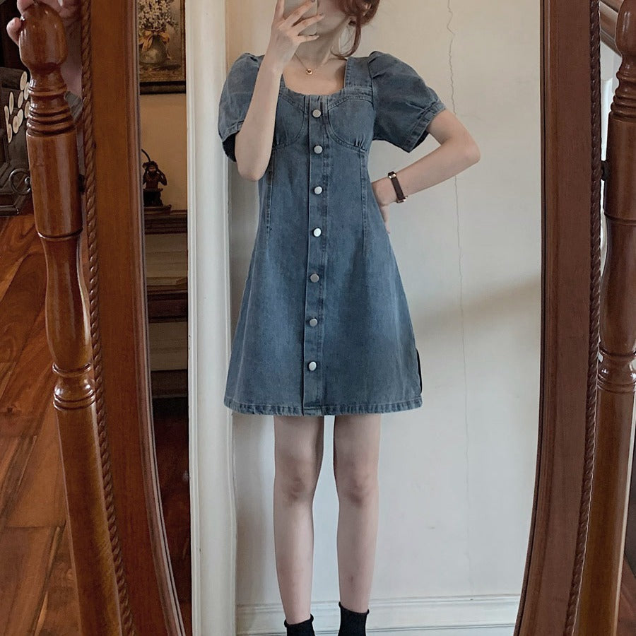 Denim dress women's summer French temperament narrow waist small puff sleeves long and short skirt large size short-sleeved women