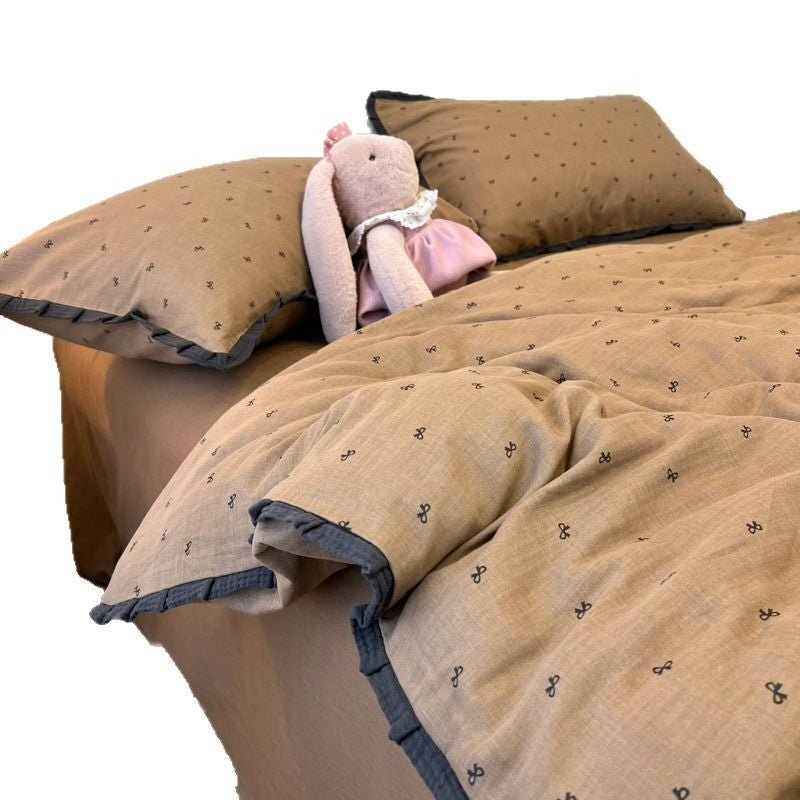 Class A French bedding four-piece set of cotton cotton double-layer gauze duvet cover bed sheets summer bed hat dormitory three-piece set 4
