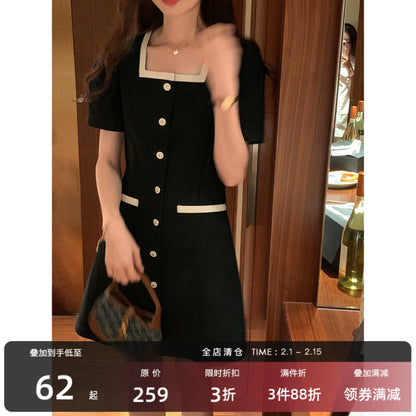 Black and white small fragrance retro square collar design slim waist cotton short dress