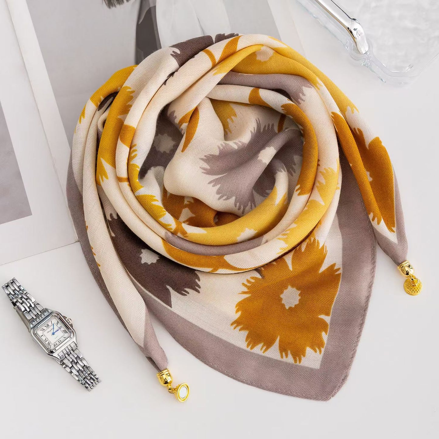 warm square scarf, magnetic buckle, triangle silk scarf, cotton scarf, women's spring, autumn and winter, style scarf, temperament and versatile