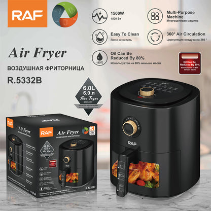 vailable in Black and White  RAF 6L Visual Air Fryer European Standard | Smoke-Free | Multi-Functional | Large-Capacity
