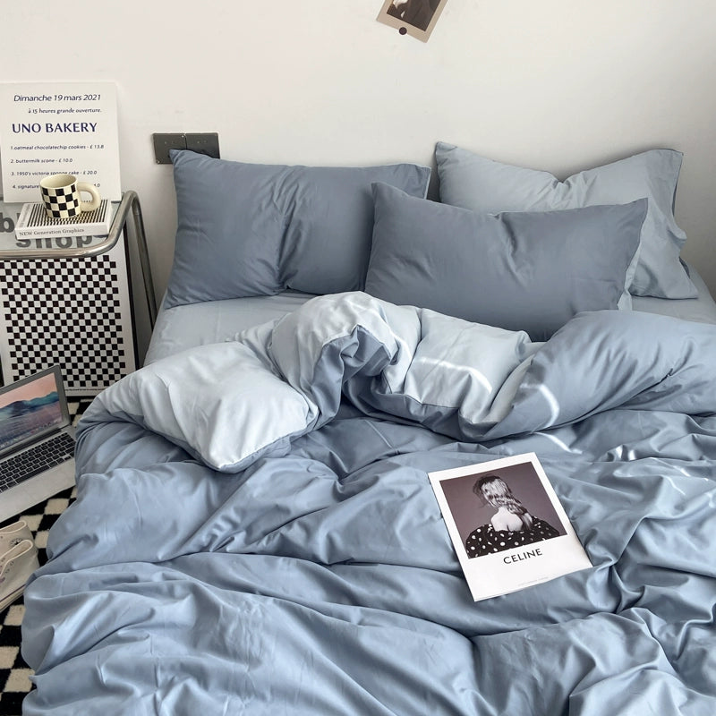Simple pure color washed cotton bed four-piece spring and autumn Japanese-style bedding bed linen quilt cover single dormitory three-piece set