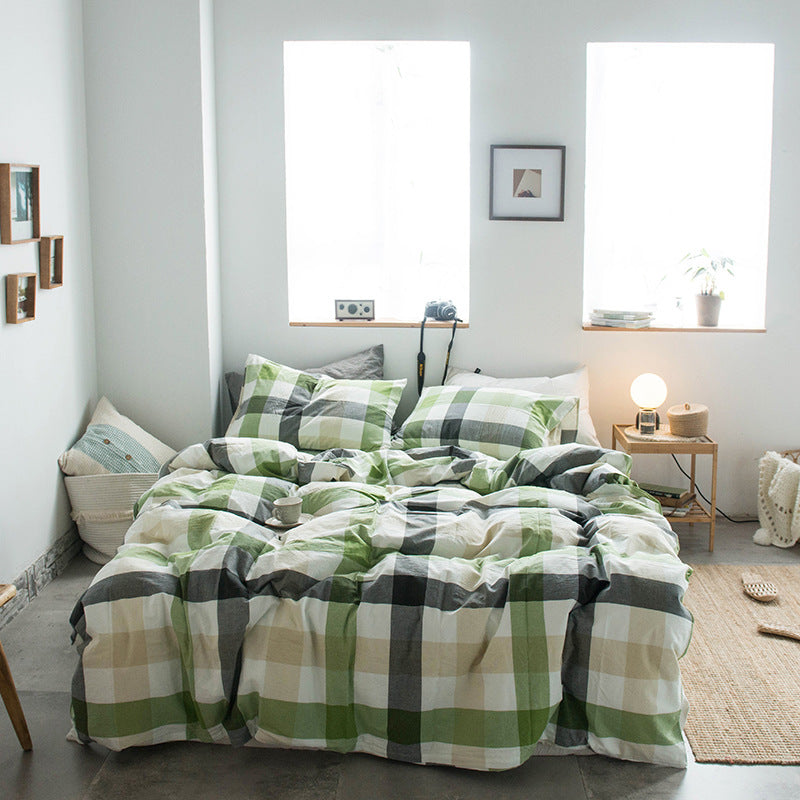 Japanese-style all-cotton non-printed washed cotton four-piece wholesale stripe-dyed good product four-piece dormitory bedding