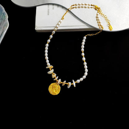 Copper-plated real gold fashion Baroque style necklace irregular cultured pearl necklace retro human head clavicle chain 56