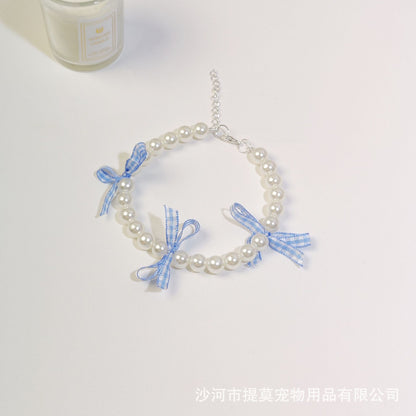 Pet cat devon kitten dog pearl necklace collar small fragrance breeze gemstone bow puppet accessories cross-border
