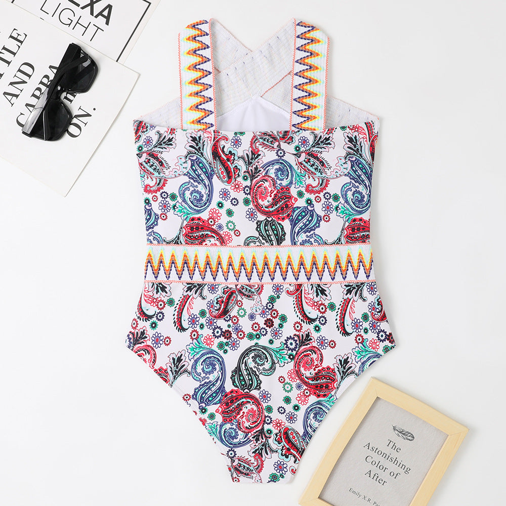 Tenglong Women's Swimsuit – Printed Halter One-Piece, Knitted Belt Detail,Summer Beachwear
