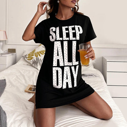 new summer short-sleeved nightdress women's pajamas dress one-piece skirt breathable mid-length dress home service