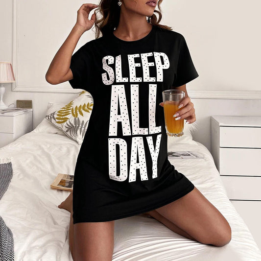 new summer short-sleeved nightdress women's pajamas dress one-piece skirt breathable mid-length dress home service