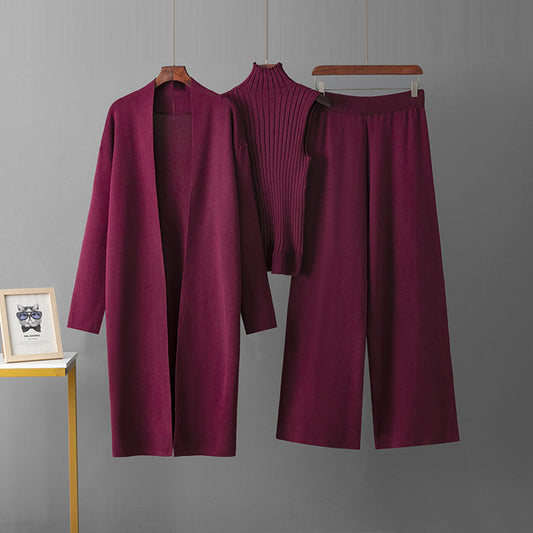 European and American foreign style solid color casual suit women's shawl jacket + V-neck base knit sweater + wide-leg trousers three-piece set