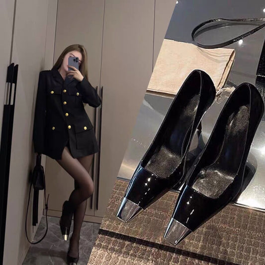 New Sexy Patent Leather High Heels Square Toe Metal Toe Stiletto Heel Fashion Single Shoes Black Toe Wrap Sandals for Women