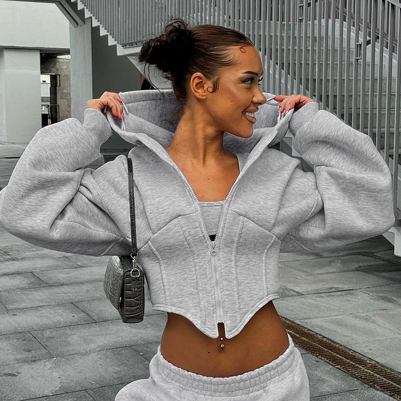 street European and American style long sleeve fleece zipper cardigan hooded sweatshirt casual jacket women