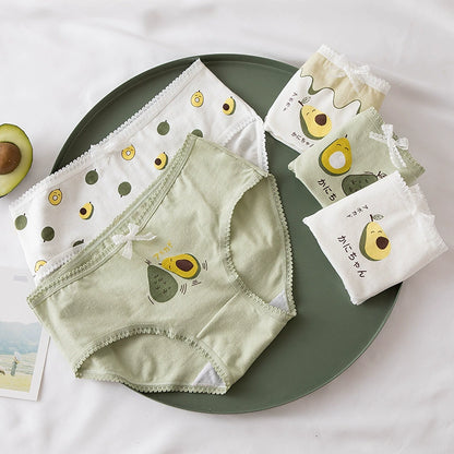 5 pieces of new hot style fashion green bear girl pure 100% pure cotton sweet mid-waist antibacterial breathable underwear
