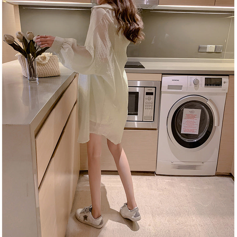 summer new Korean version of the commuter striped sun protection clothing mid-length cardigan loose all-match lapel shirt women