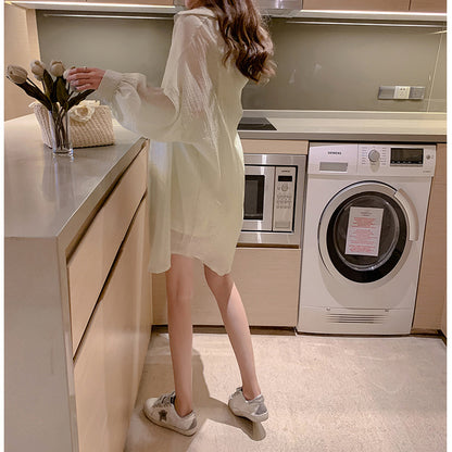 summer new Korean version of the commuter striped sun protection clothing mid-length cardigan loose all-match lapel shirt women