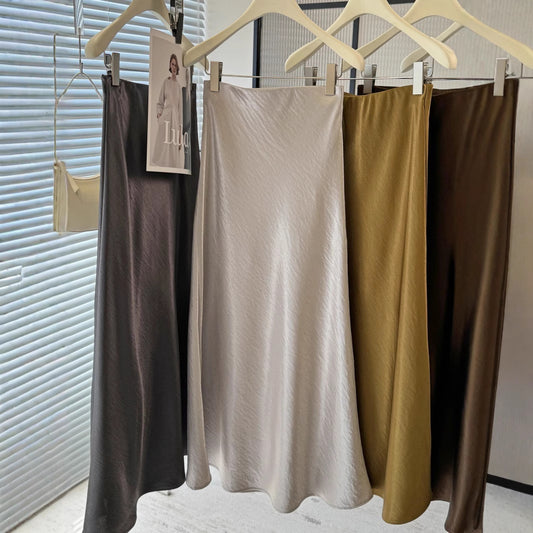 Acetate satin fishtail skirt women's temperament simple drape slim hip A-line midi skirt