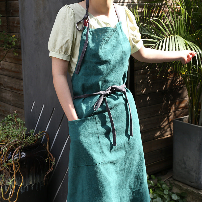 Japanese new style cotton and linen large size loose home kitchen sleeveless solid color housework high-end