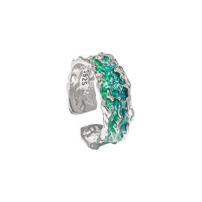 1809 niche design sense irregular texture texture light luxury blue green drip glaze S925 sterling silver ring ring female