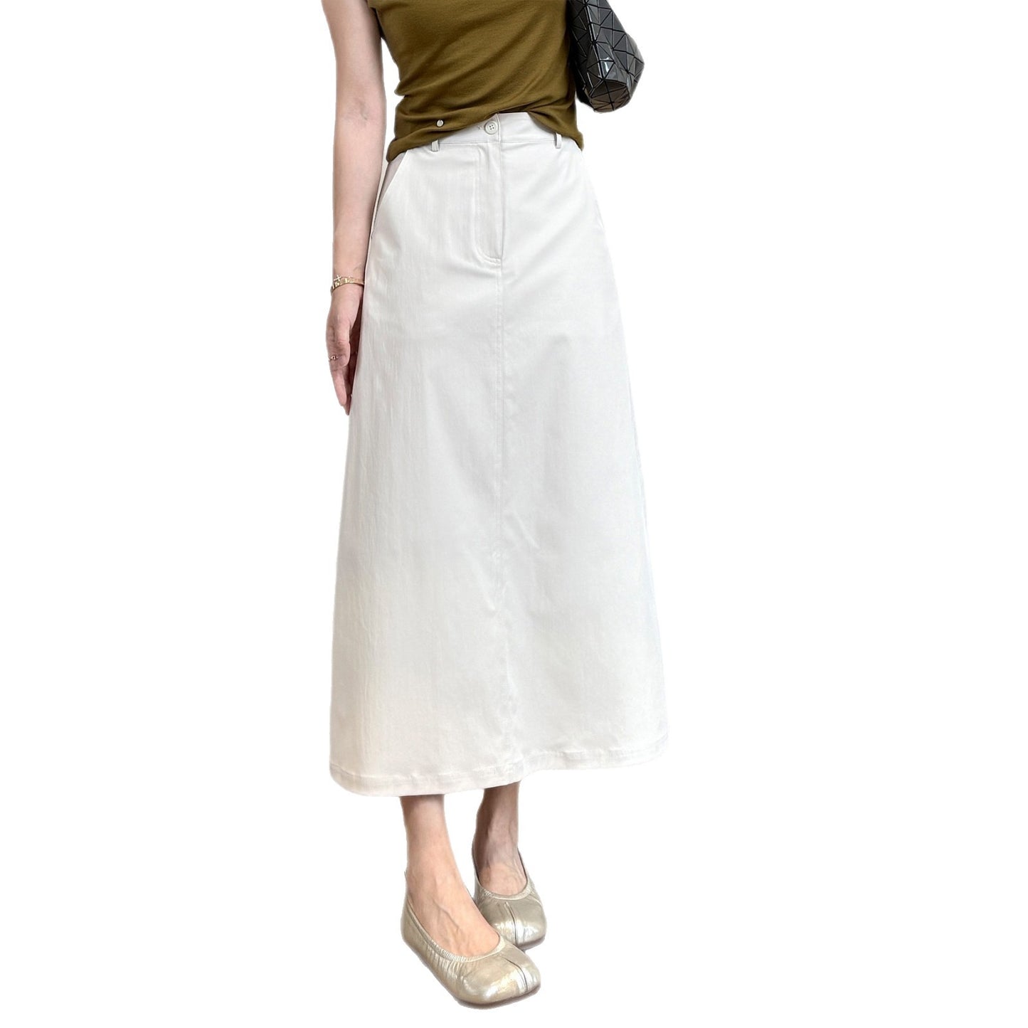 Spring is not too late [anti-wrinkle] lightweight super cotton single-button long skirt simple temperament A-line skirt covers the flesh and straight skirt