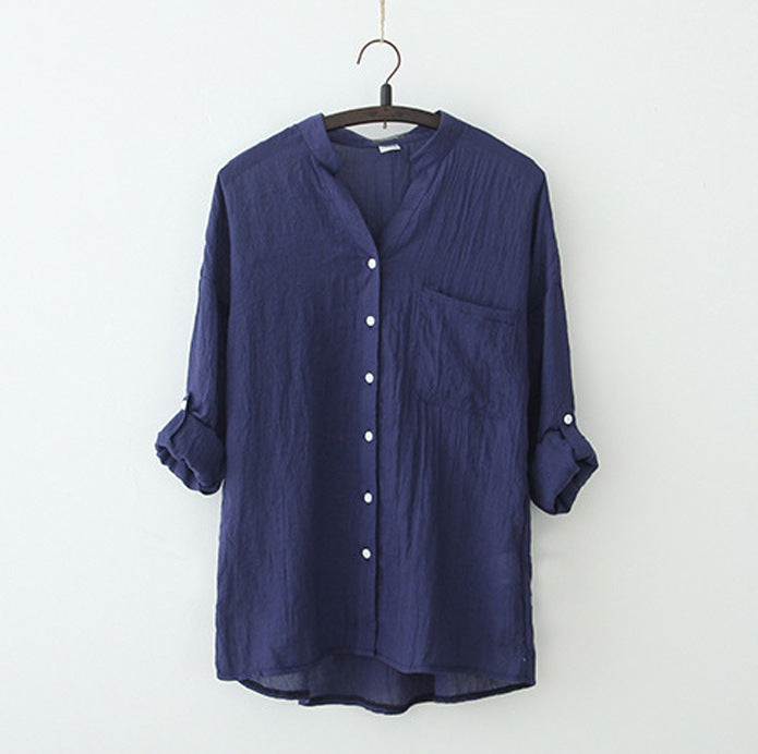 summer new sun protection clothing Japanese style small fresh loose cotton and linen three-quarter sleeves stand-up collar cotton and linen shirt women