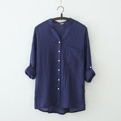 summer new sun protection clothing Japanese style small fresh loose cotton and linen three-quarter sleeves stand-up collar cotton and linen shirt women
