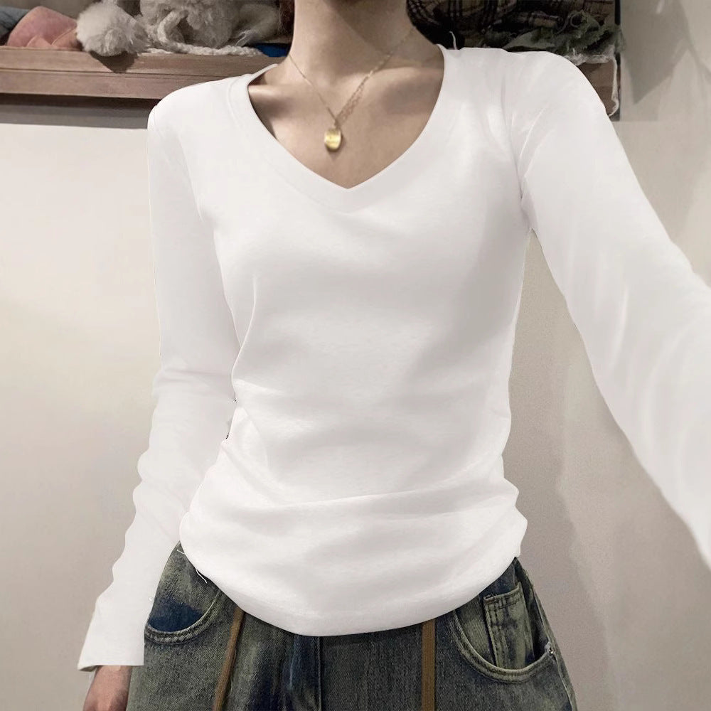 40 cotton shoulder long-sleeved T-shirts, new crew neck slim foundations, ins solid color hot girl base slimming top