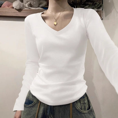 40 cotton shoulder long-sleeved T-shirts, new crew neck slim foundations, ins solid color hot girl base slimming top