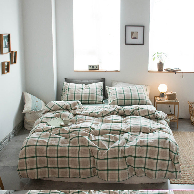 Japanese-style all-cotton non-printed washed cotton four-piece wholesale stripe-dyed good product four-piece dormitory bedding