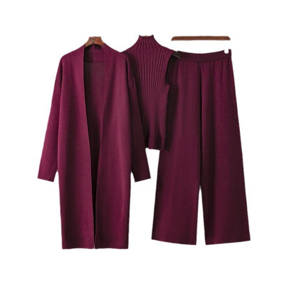 European and American foreign style solid color casual suit women's shawl jacket + V-neck base knit sweater + wide-leg trousers three-piece set
