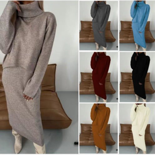 Fall/Winter Sweater Dress, High Neck Maxi Sweater Dress, Two Piece Solid Color Knit Dress