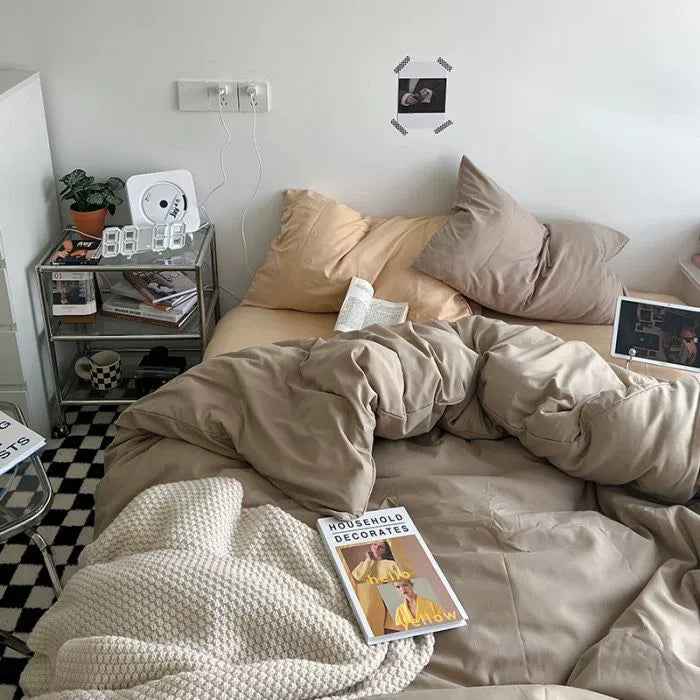Ins double fight washed cotton four-piece solid color bed sheet quilt cover student dormitory three-piece bedding single double bed sheet 4